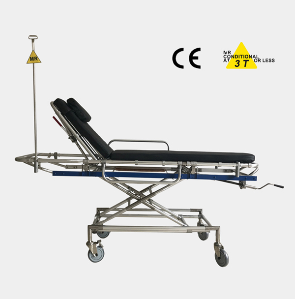 Non-magnetic stretcher trolley for magnetic resonance