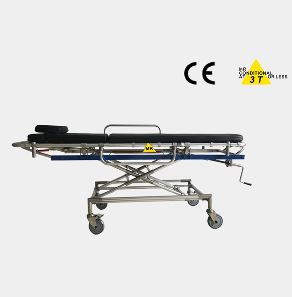 Non-magnetic stretcher trolley for magnetic resonance