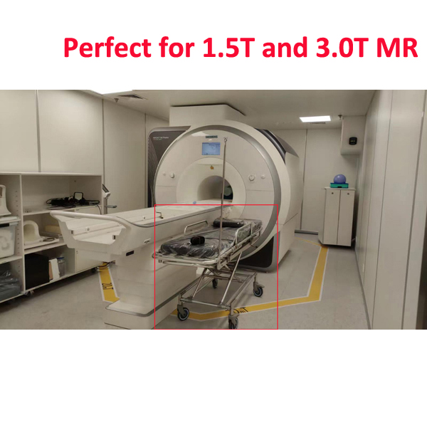 Non-magnetic stretcher trolley for magnetic resonance