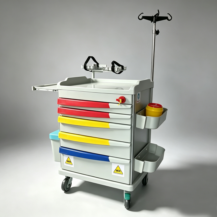 MRI Non-Magnetic Emergency Trolley with I.V pole and equipment tray