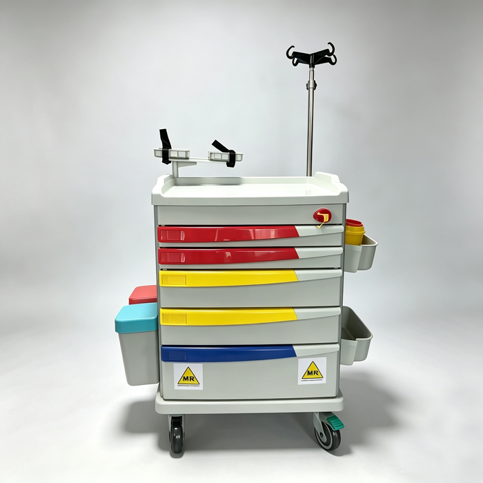 MRI Non-Magnetic Emergency Trolley with I.V pole and equipment tray